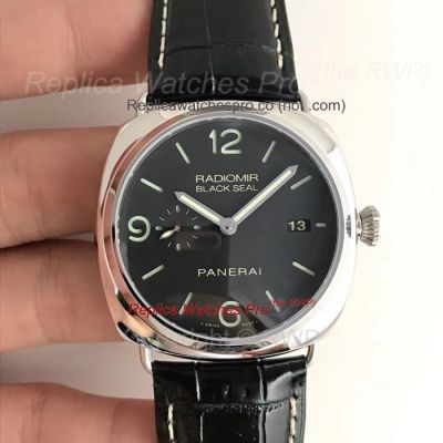 Copy Panerai Luminor GMT SS Black Dial Black Leather Strap Watch